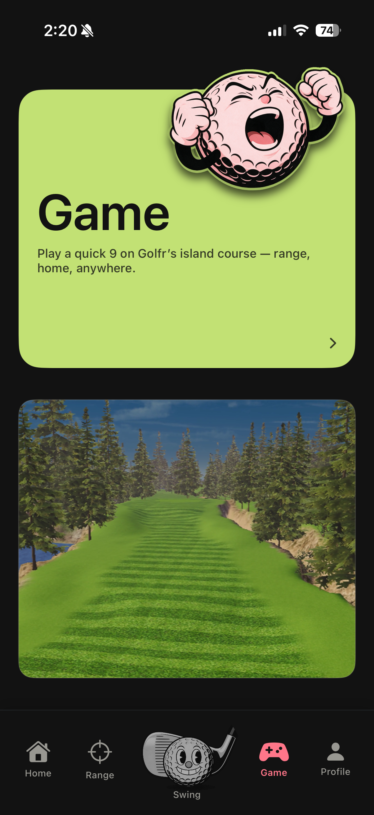 Golfr Game tab showing a virtual island course