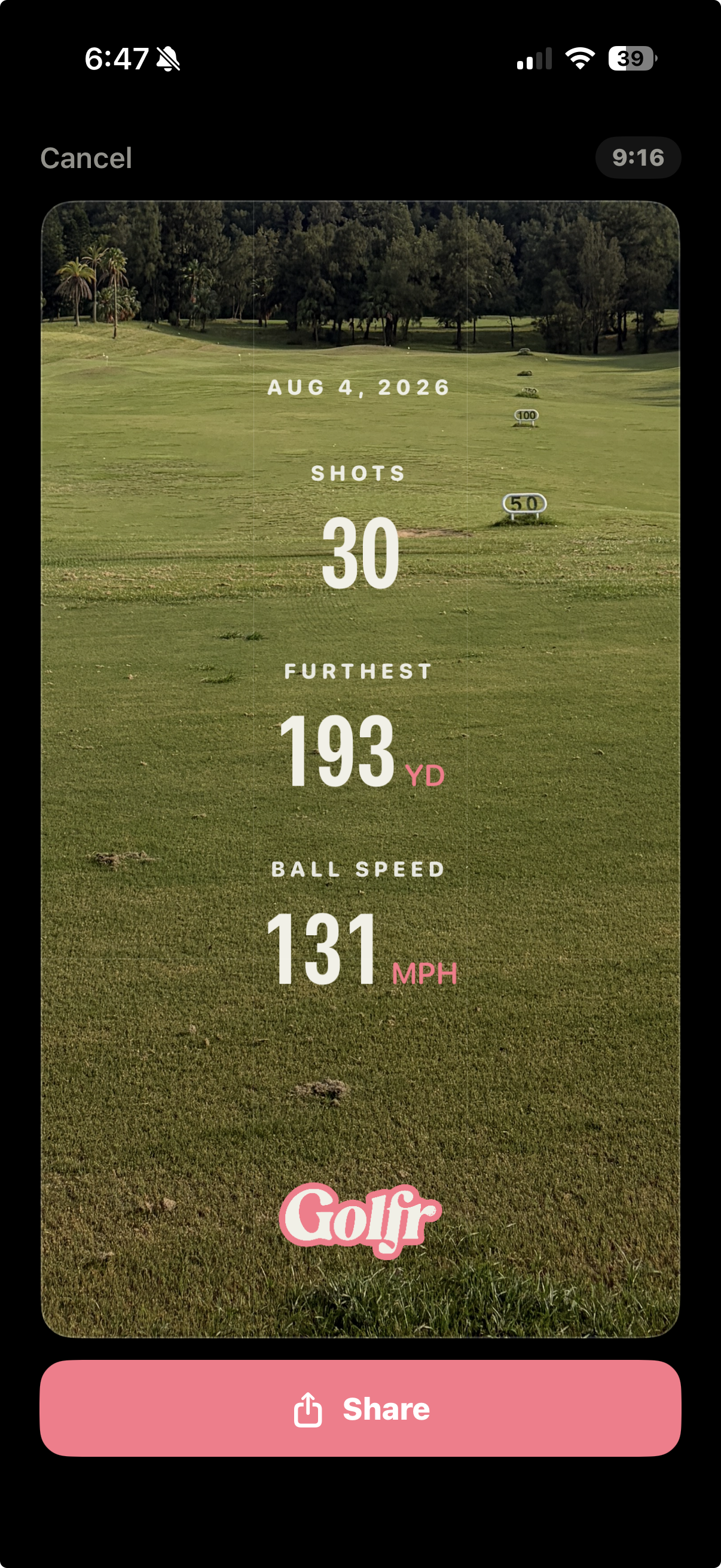 Golfr share screen with session shot count, furthest distance, and ball speed