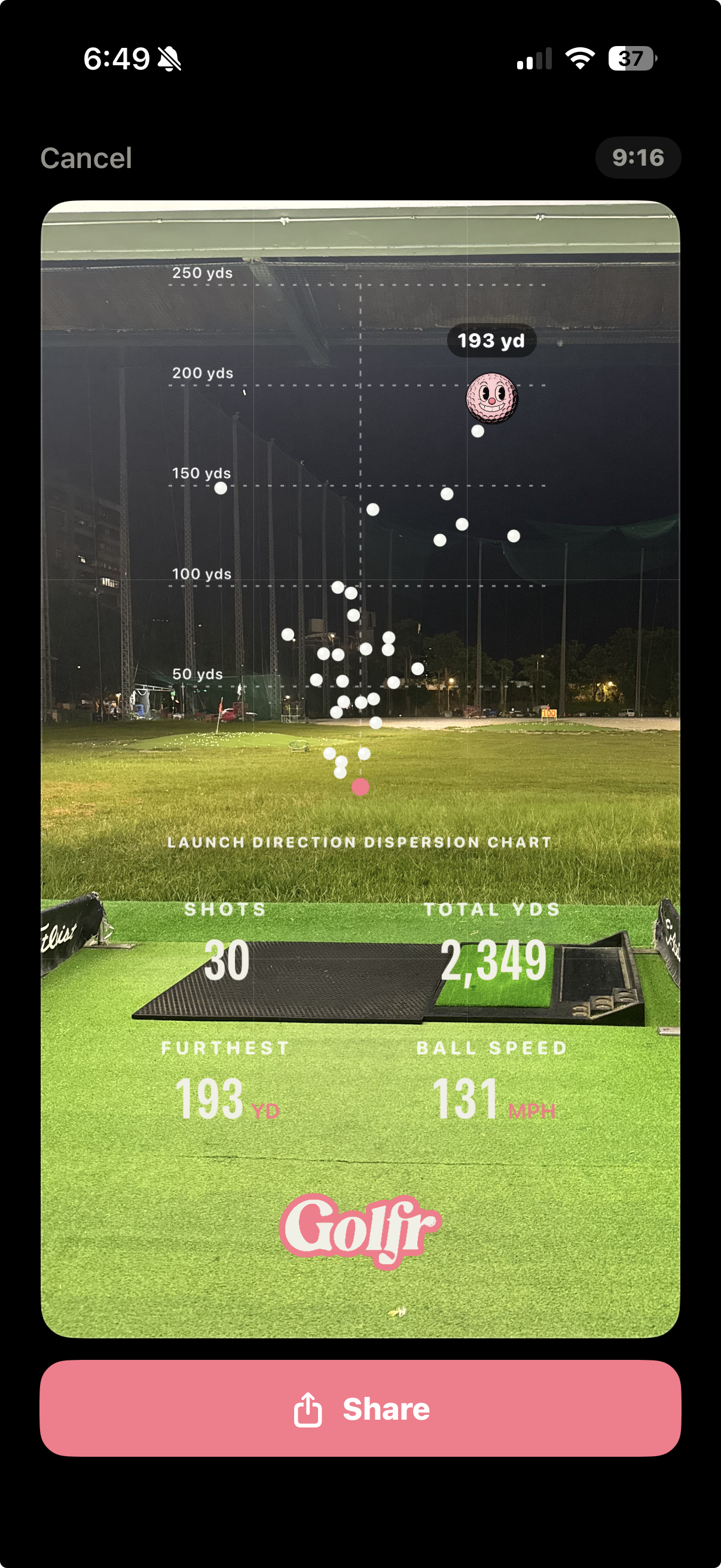 Golfr share screen with launch-direction dispersion and session totals